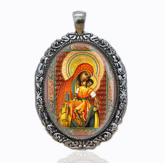 Virgin Mary Black Madonna and Baby Pendant. Mother Mary with Jesus Medal. Religious Orthodox Christian Icon Pendant Jewelry