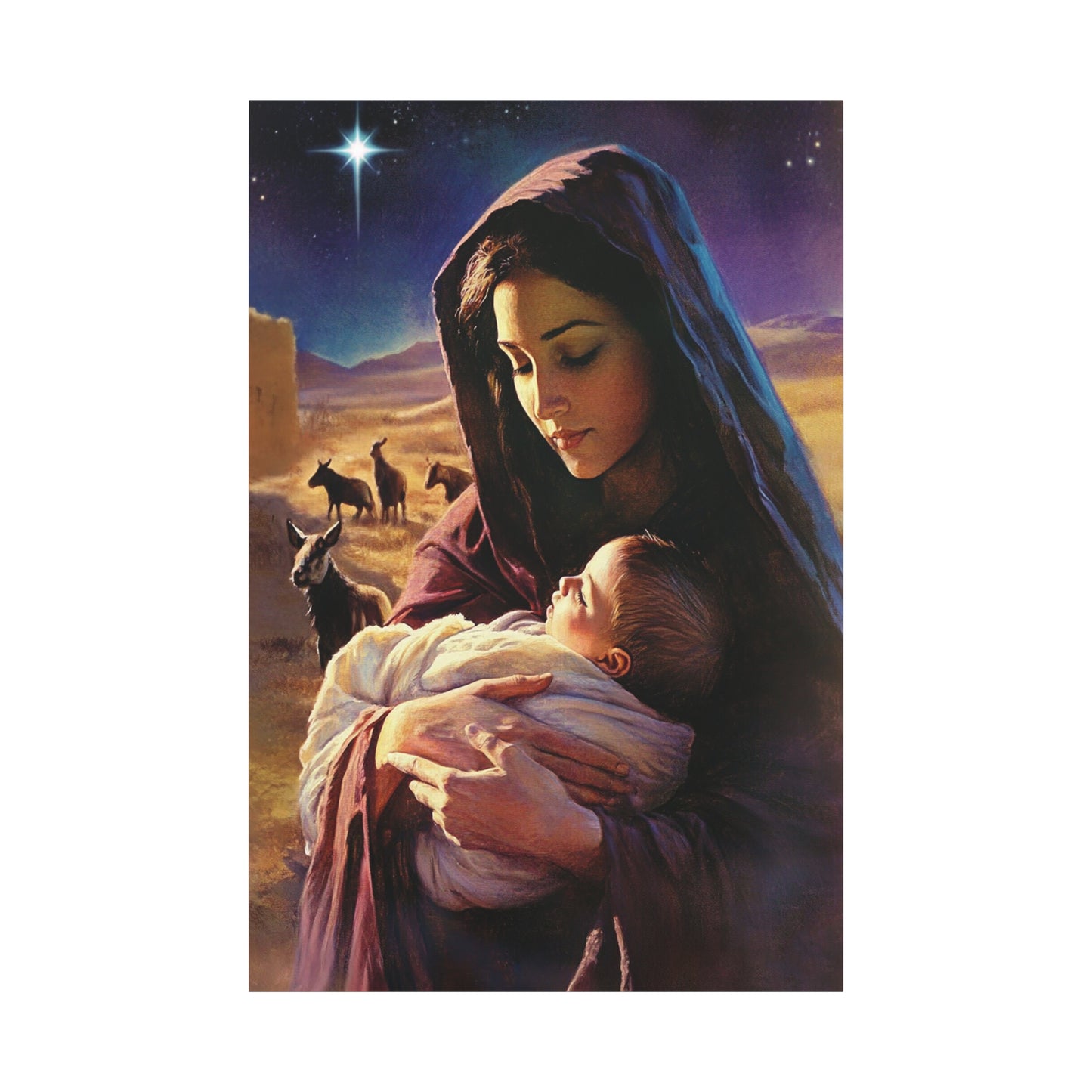 Mother Mary and Newborn Jesus Nativity Star Catholic Canvas Wall Art, Christian Decor