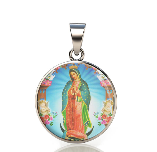 Our Lady Guadalupe 925 Sterling Silver II Round Pendant Christian Religious Medal Small 20mm