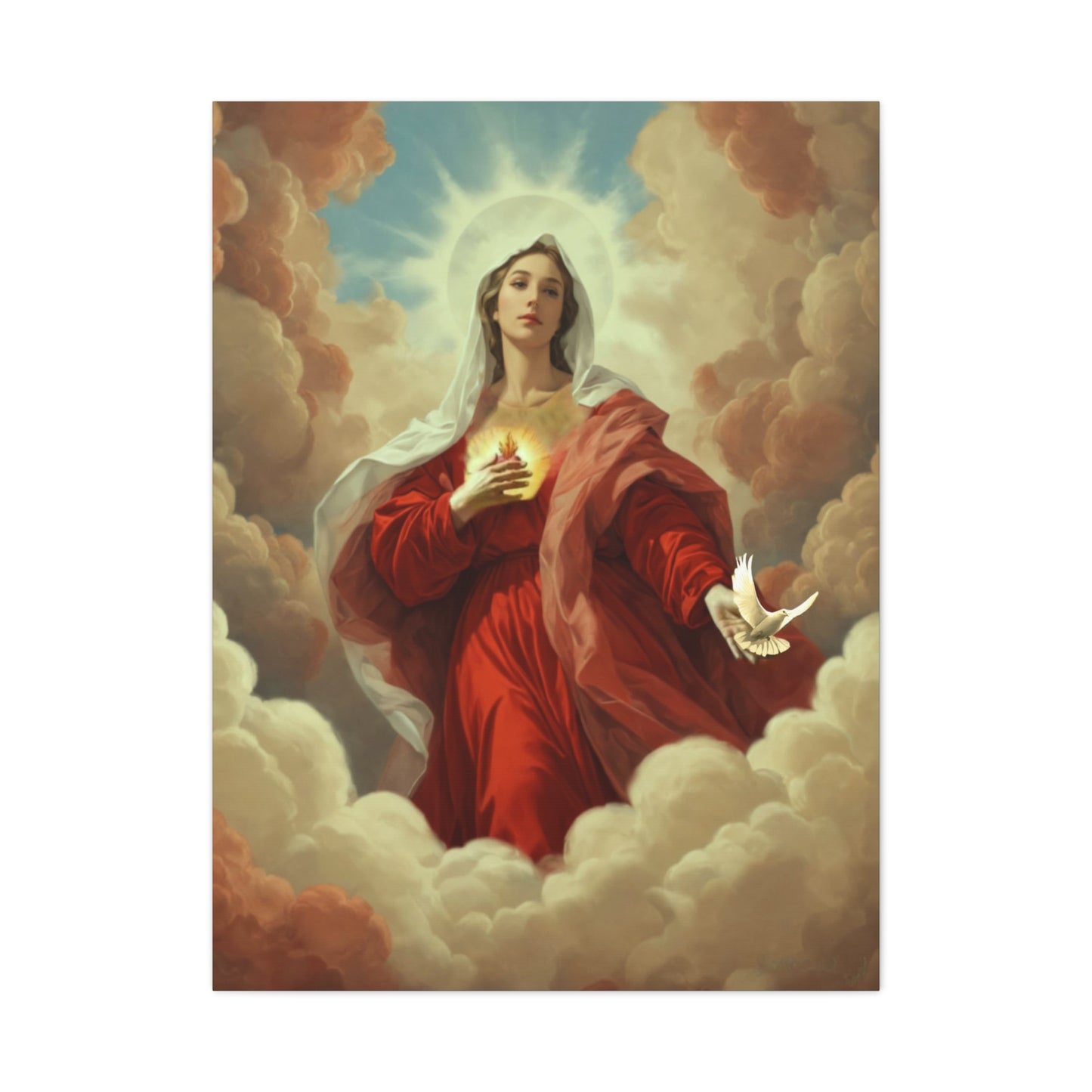 Mother Mary with Dove Heaven Catholic Canvas Wall Art, Christian Decor