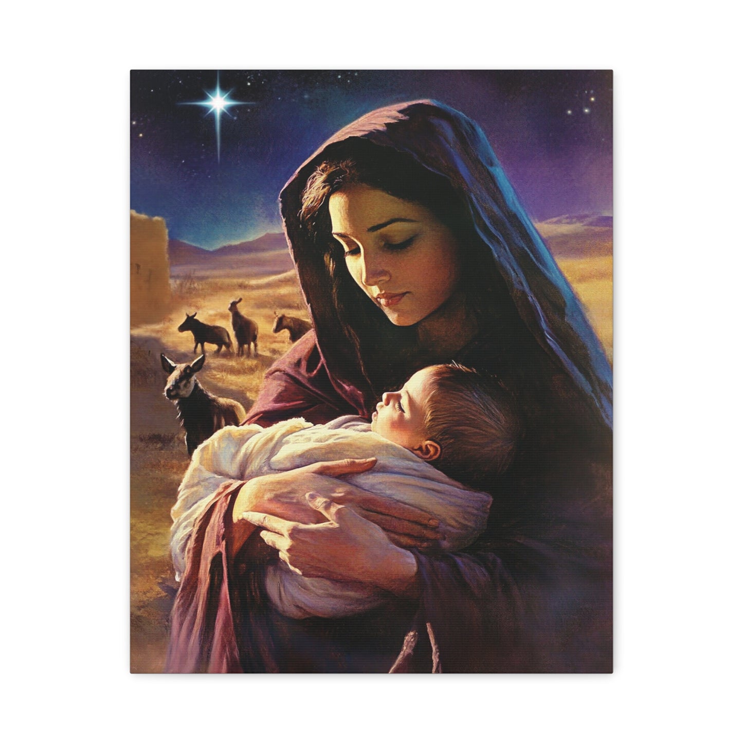 Mother Mary and Newborn Jesus Nativity Star Catholic Canvas Wall Art, Christian Decor