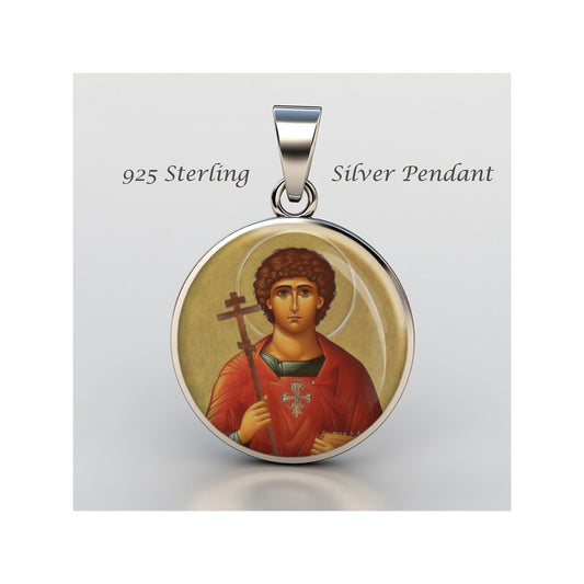 Saint Panteleimon Catholic sterling silver 925 Christian Medal Patron Pendant image 0
