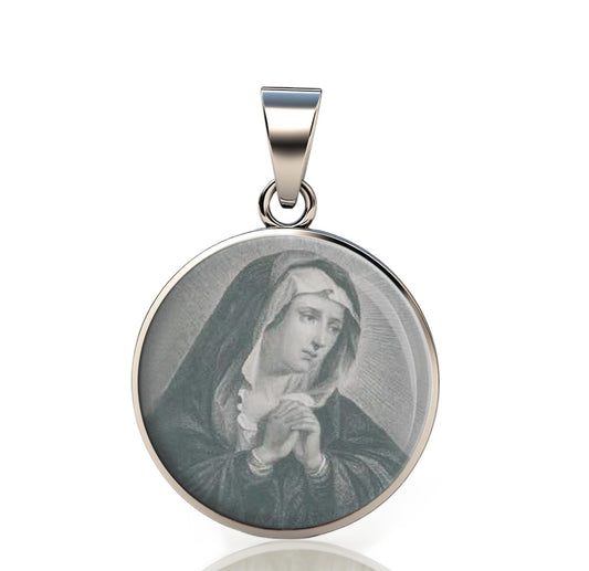 Our Lady Mater Dolorosa Sorrows 925 Sterling Silver Round Pendant Christian Religious Medal Small 20mm