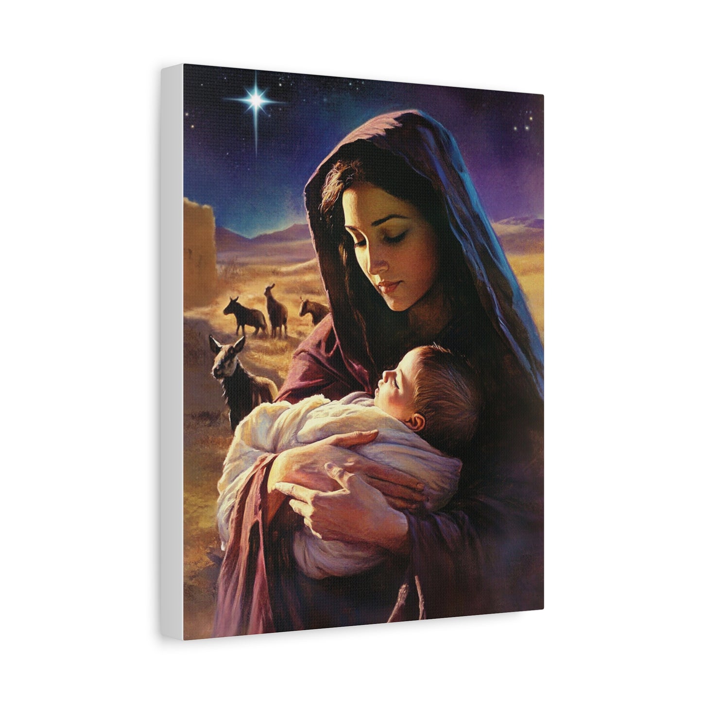 Mother Mary and Newborn Jesus Nativity Star Catholic Canvas Wall Art, Christian Decor