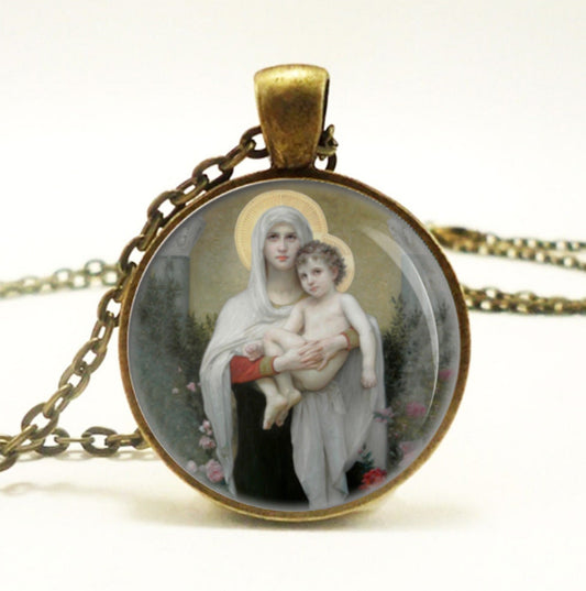 Madonna Of Roses Mother Mary with Baby Jesus Catholic Art Necklace Christian Pendant 25mm Bronze Medal