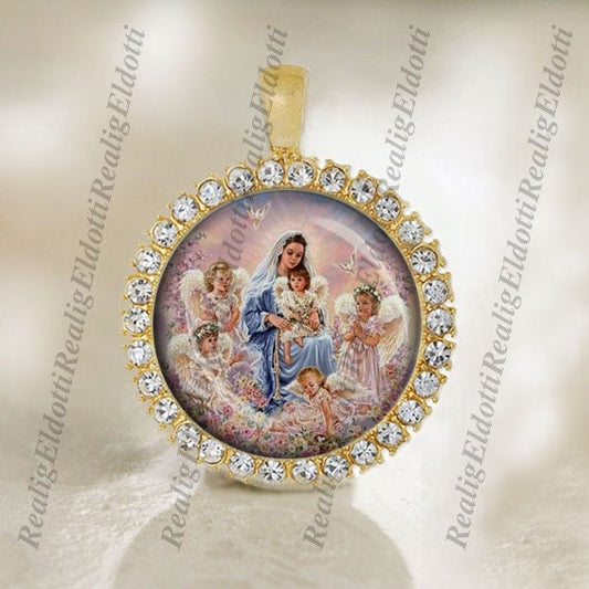 Blessed Mother Virgin Mary and Angels Religious Christian Catholic Gold / Silver Medal Pendant Jewelry