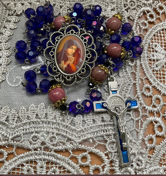 Our Lady of Sorrows Rosary - Virgin Mary Handmade Rosary Gemstones Rhodonite