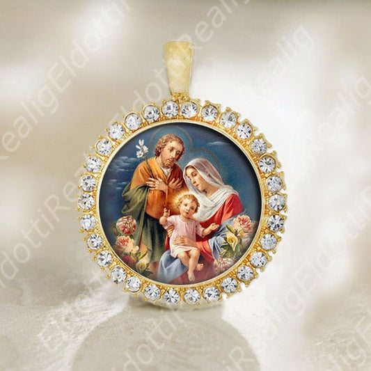 Holy Family Gold Tone Catholic Medal. St Joseph, Virgin Mary, Child Jesus Religious Pendant. Medal for Necklace Jewelry Christian