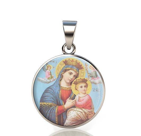 Our Lady Perpetual Help 925 Sterling Silver Round VI Pendant Christian Religious Medal Small 20mm