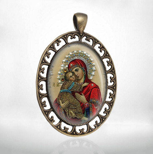 Madonna and Child Orthodox Bronze Tone Medal Pendant Religious Jewelry