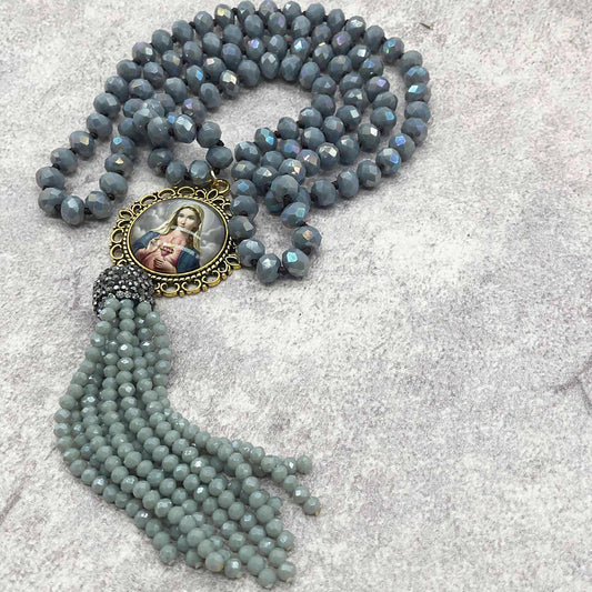 Our Lady Immaculate Heart - Purple Gray Czech Glass Beads - Long Necklace Sautoir - Virgin Mary Pendant and Tassel