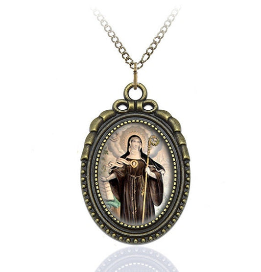 St Gertrude the Great Catholic Necklace Patron Saint Bronze Medal Sepia Color