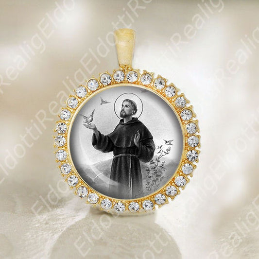Saint Francis of Assisi Catholic Medal Black and White Pendant