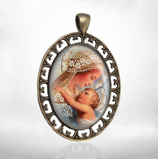 Holy Virgin Mary, Child Jesus Catholic Medal Large  Pendant