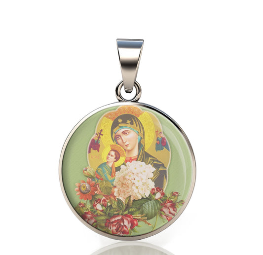 Our Lady Perpetual Help 925 Sterling Silver Round  VIPendant Christian Religious Medal Small 20mm
