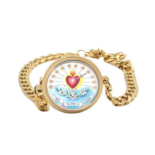 Our Lady Immaculate Heart and Stars Curb Bracelet Gold or Silver tone Religious Jewelry Simple Chain