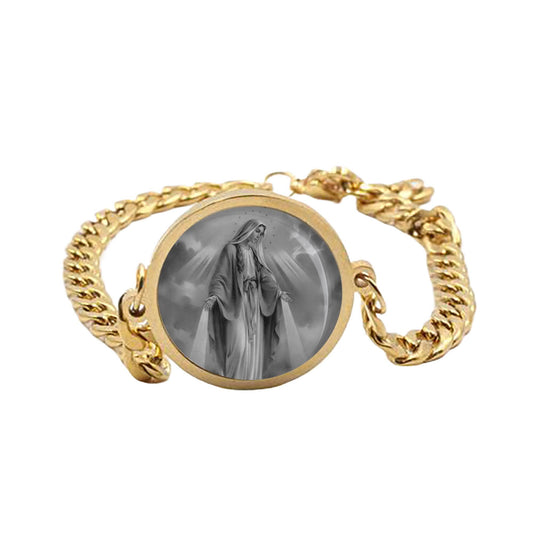Our Lady Miraculous Black And White Curb Bracelet Gold or Silver tone Religious Jewelry Simple Chain