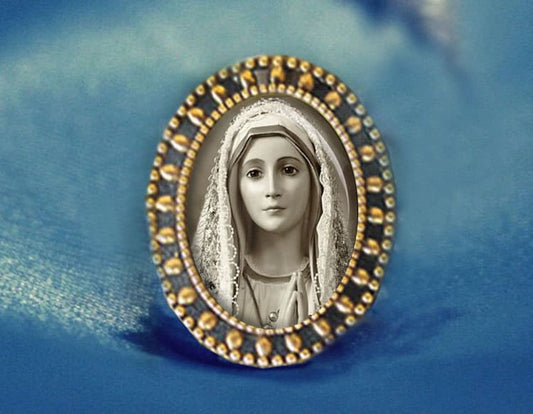 Our Lady of Fatima Virgin Mary Brooch Catholic Broach. Antique Gold Religious Pin. Patron Saint Brooch