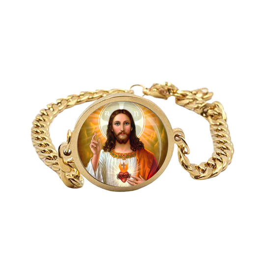 Jesus Our Lord Sacred Heart Curb Bracelet Gold or Silver tone Religious Jewelry Simple Chain