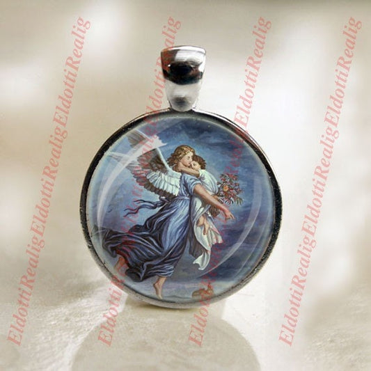 Guardian Angel - Christian Catholic SIlvertone Medal Pendant Charm Cabochon Religious Jewelry