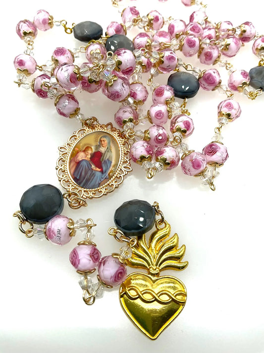 Rosary St Anne and Child Mary Rose Lampwork Beads Gold Tone Sacred Heart