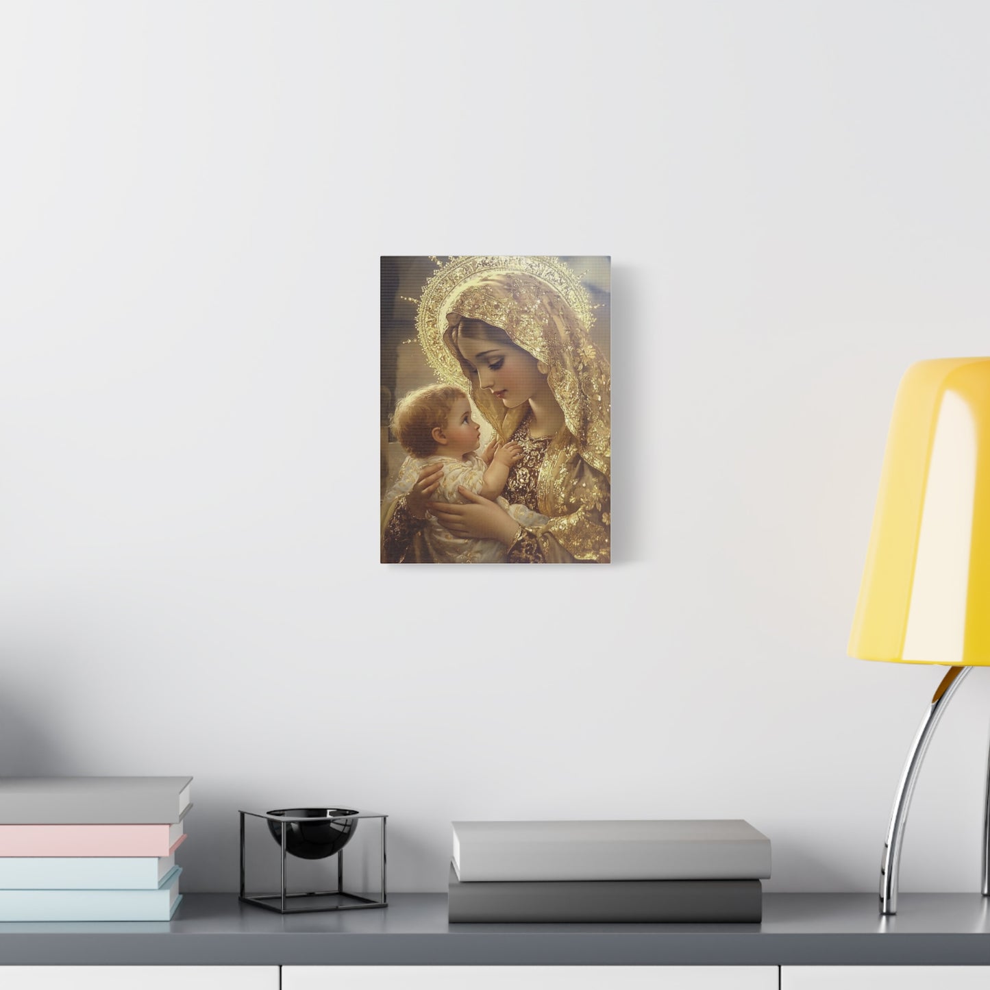 Mary and Baby in Gold Catholic Canvas Wall Art, Christian Decor