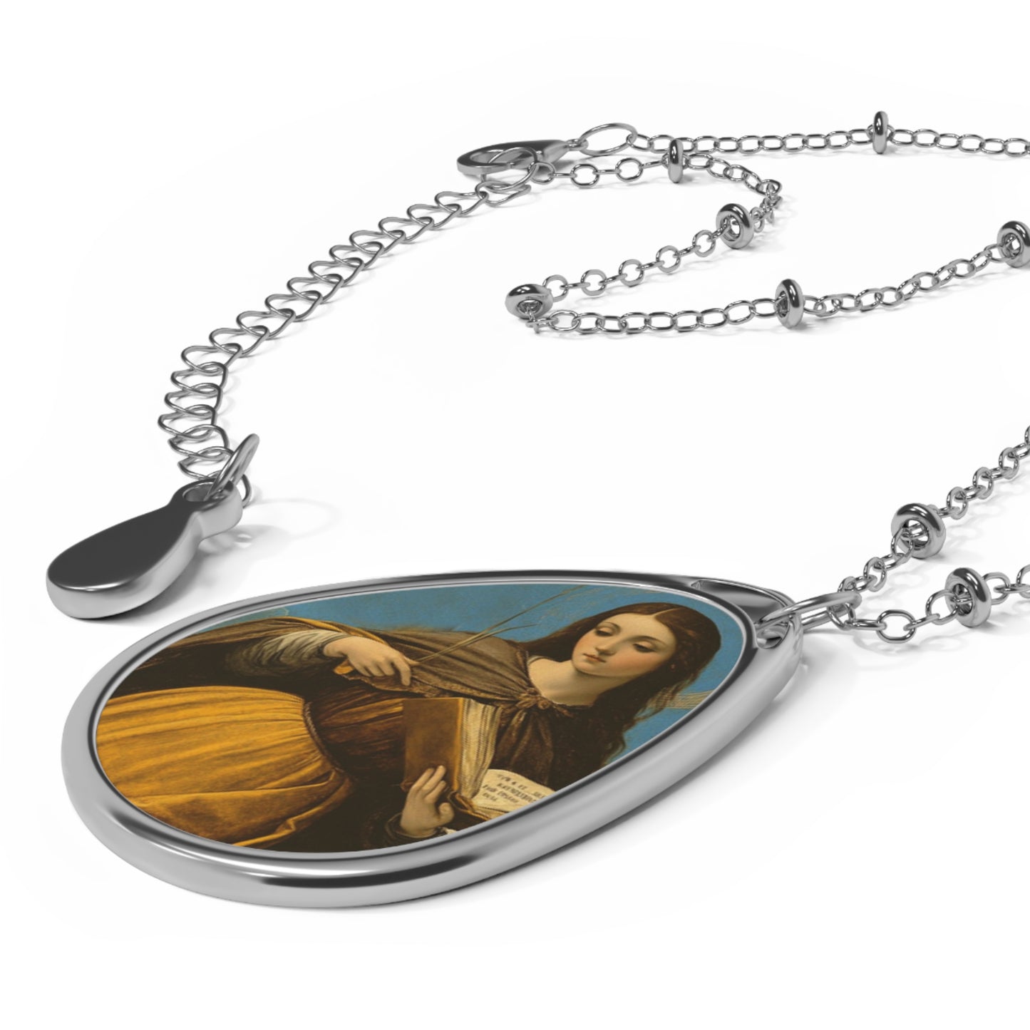 St Agatha Necklace Drop Oval Pendant Silver Tone Medal