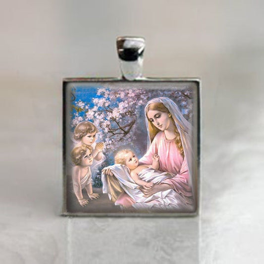 Mother Mary w Baby Jesus, Flowers Cherubs Angels - Christian Catholic Silvertone Medal Square Pendant