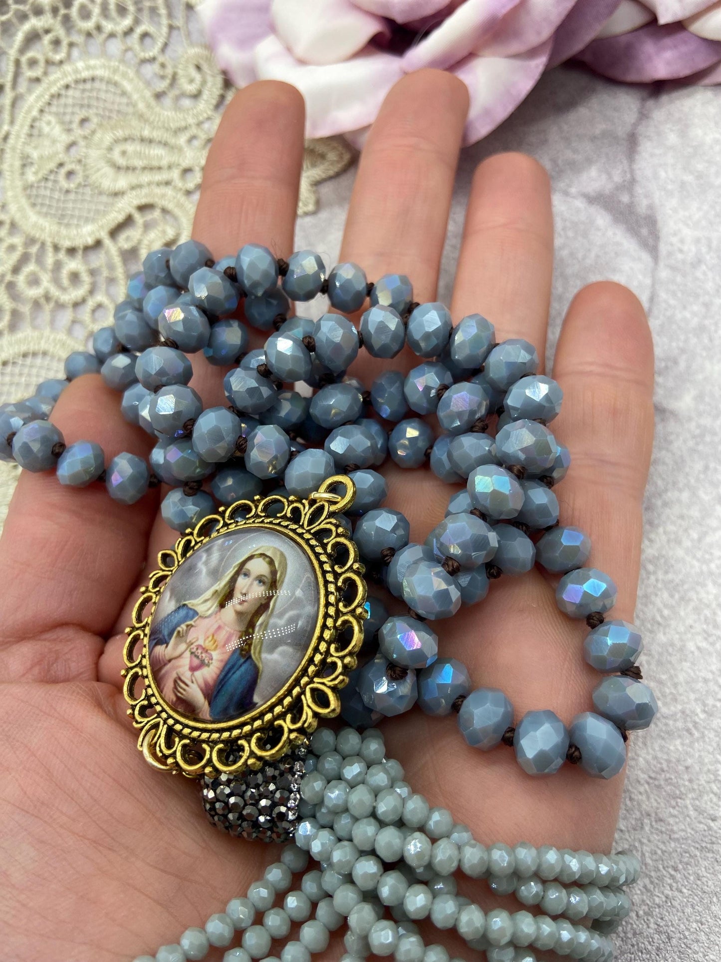 Our Lady Immaculate Heart - Purple Gray Czech Glass Beads - Long Necklace Sautoir - Virgin Mary Pendant and Tassel