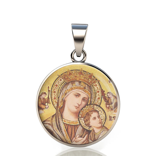 Our Lady Perpetual Help 925 Sterling Silver Round I Pendant Christian Religious Medal Small 20mm