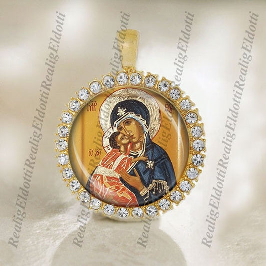 Vladimir Icon of the Mother of God Virgin Mary Religious Christian Orthodox Gold Medal Cabochon