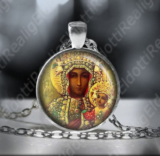 Black Madonna Our Lady of Czestochowa Catholic Necklace. Christian Pendant Medal.