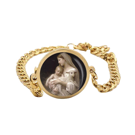 Our Lady Lamb Mary Baby Curb Bracelet Gold or Silver tone Religious Jewelry Simple Chain