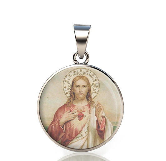 Jesus Sacred Heart Catholic 925 Sterling Silver Round Pendant Christian Religious Medal Small 20mm