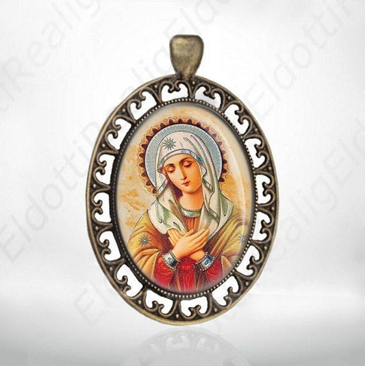 Blessed Virgin Mary Catholic Medal, Religious Jewelry Pendant  Bronze