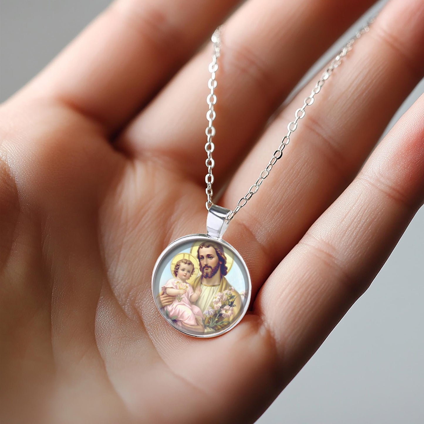 St. Joseph holding Baby Jesus with lilies Necklce