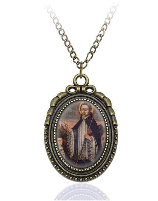 St Bernard of Menthon Catholic Necklace Bronze Medal w Chain Oval Pendant Rare Saint