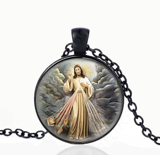 Divine Mercy Religious Necklace Jesus Catholic Pendant Black Medal Chain Necklace.