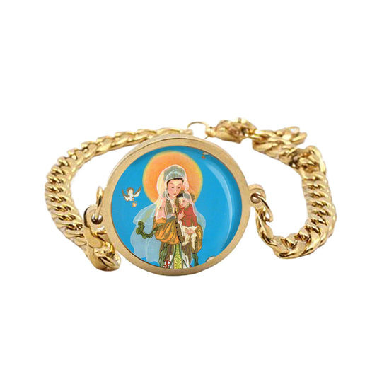 Our Lady China Curb Bracelet Gold or Silver tone Religious Jewelry Simple Chain