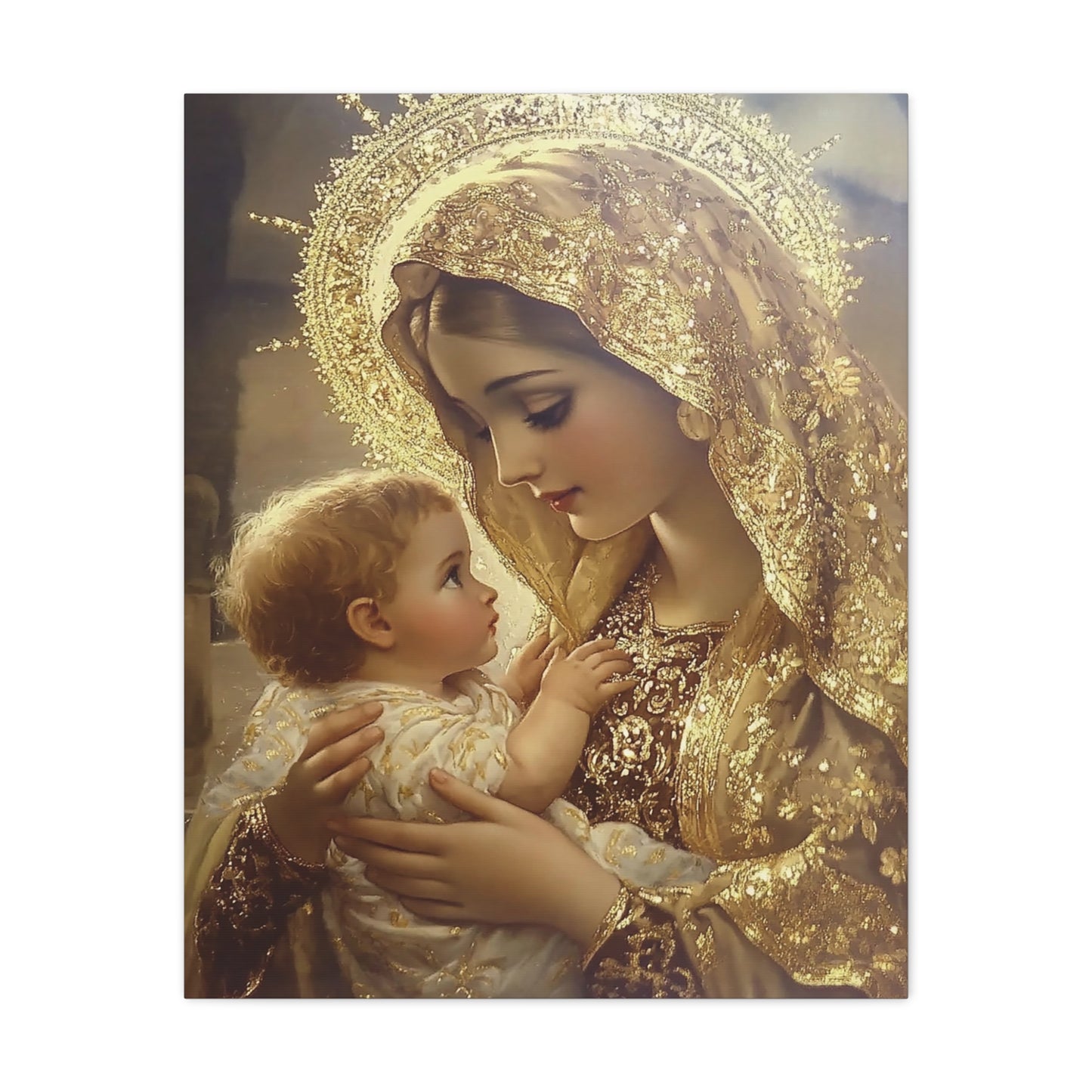 Mary and Baby in Gold Catholic Canvas Wall Art, Christian Decor