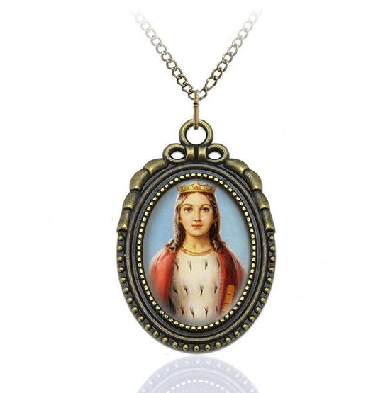 Saint Dymphna - Religious Necklace Catholic Medal Oval Brass Pendant / Charm Christian Jewelry
