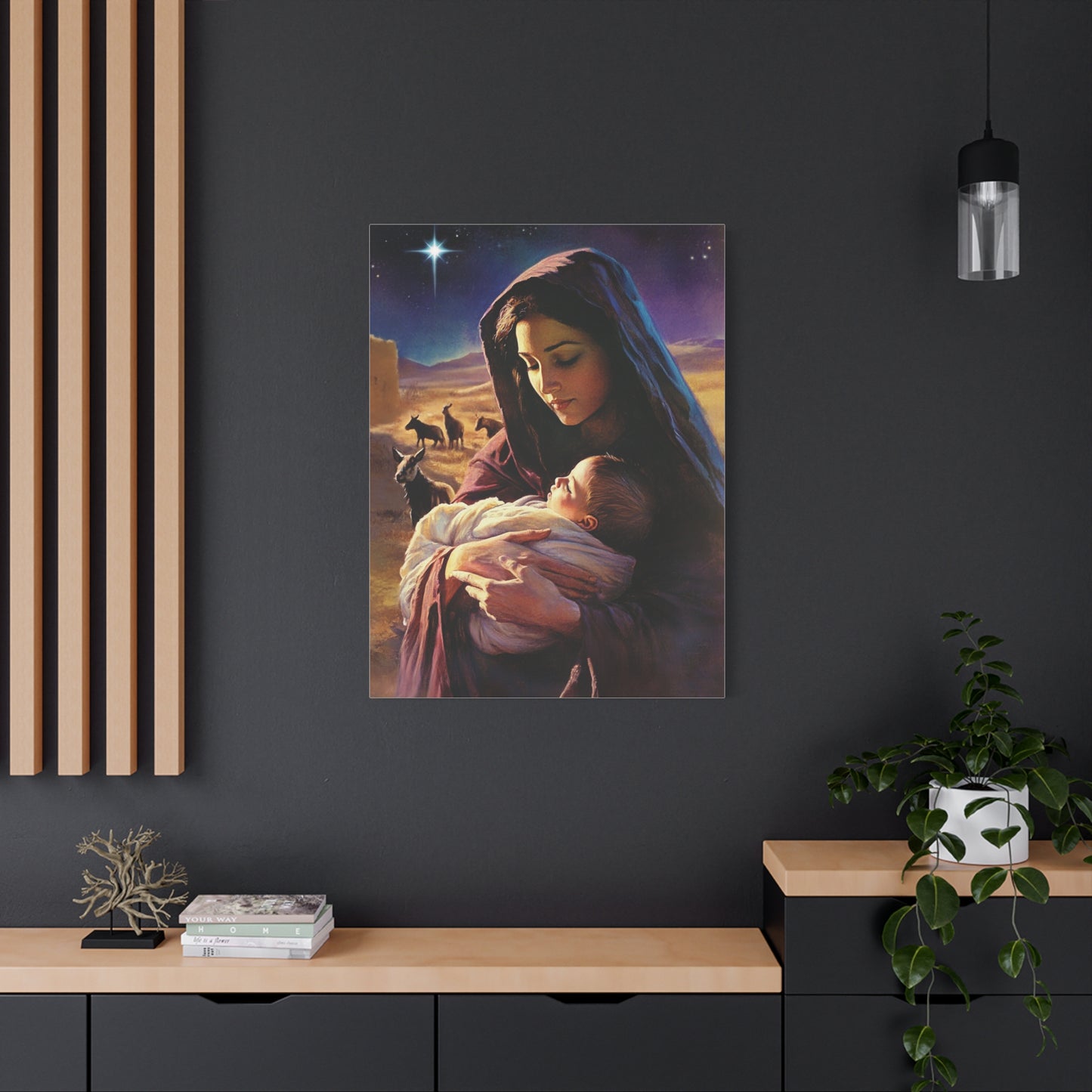 Mother Mary and Newborn Jesus Nativity Star Catholic Canvas Wall Art, Christian Decor