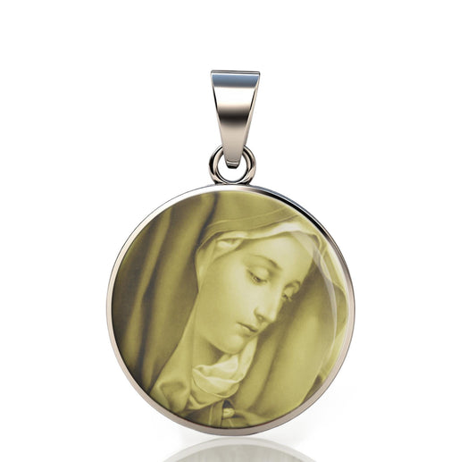 Our Lady Sorrows Catholic Mary 925 Sterling Silver Round Pendant Christian Religious Medal Small 20mm