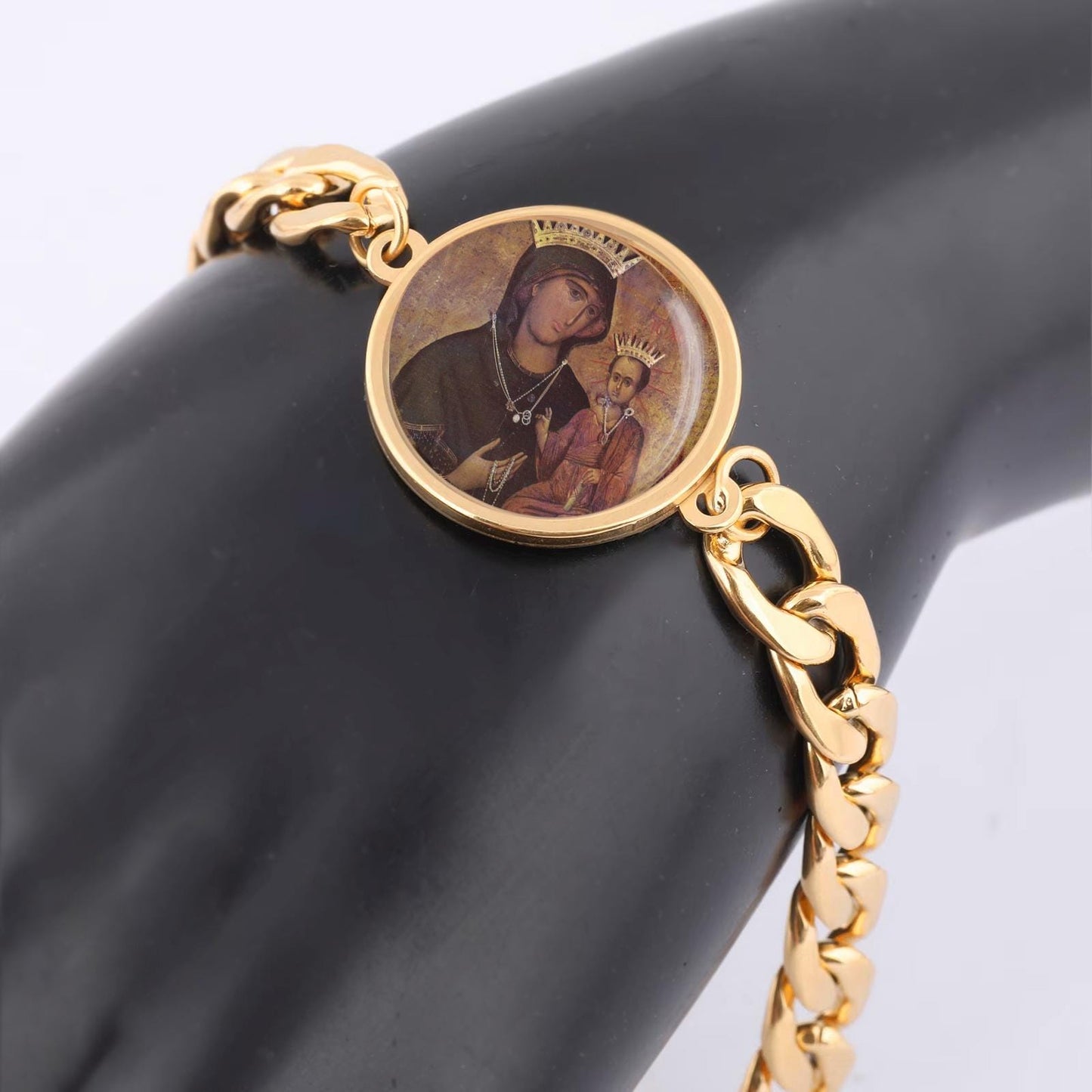 Our Lady Peacee Curb Bracelet Gold or Silver tone Religious Jewelry Simple Chain