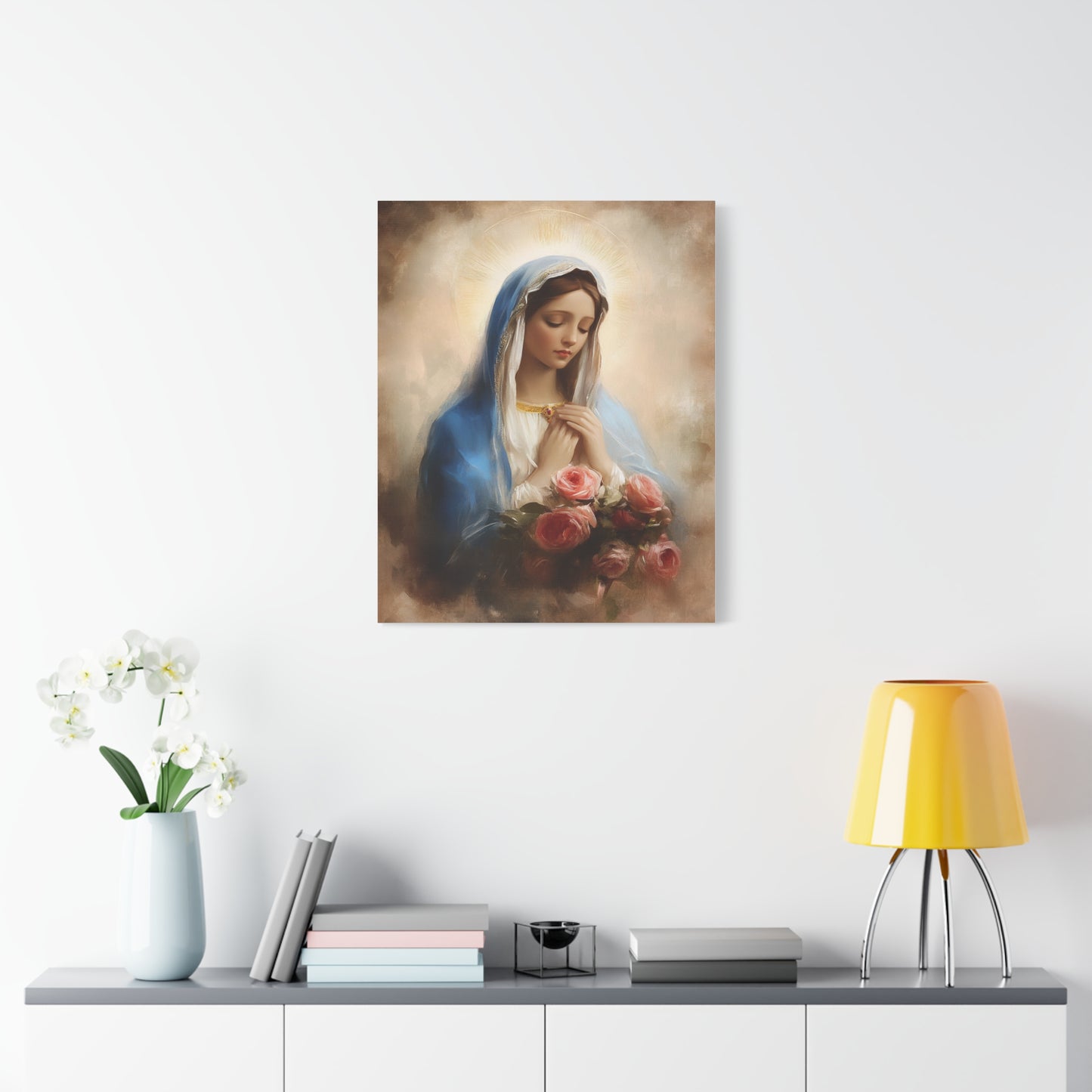 Mother Mary with Roses Catholic Canvas Wall Art, Christian Decor