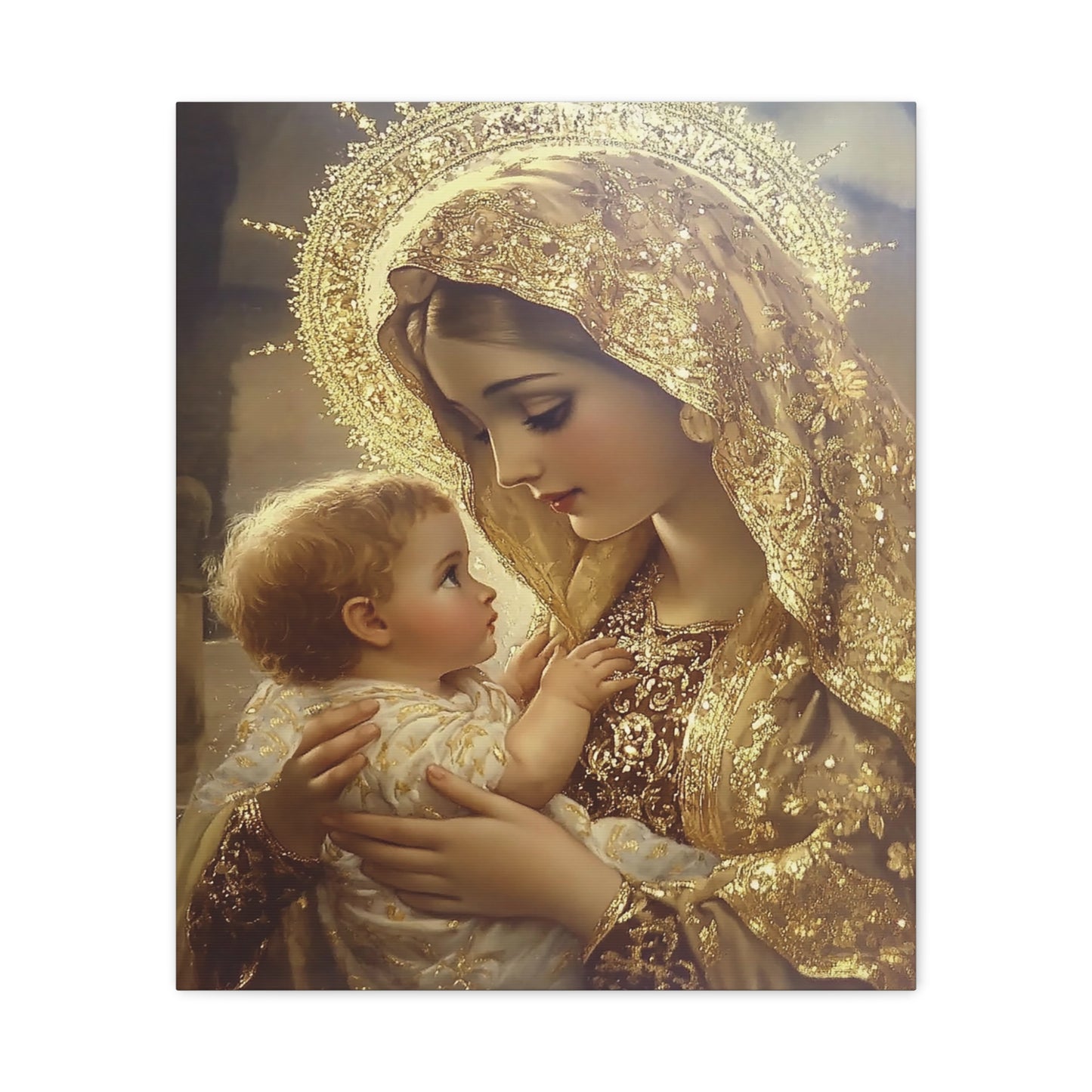 Mary and Baby in Gold Catholic Canvas Wall Art, Christian Decor