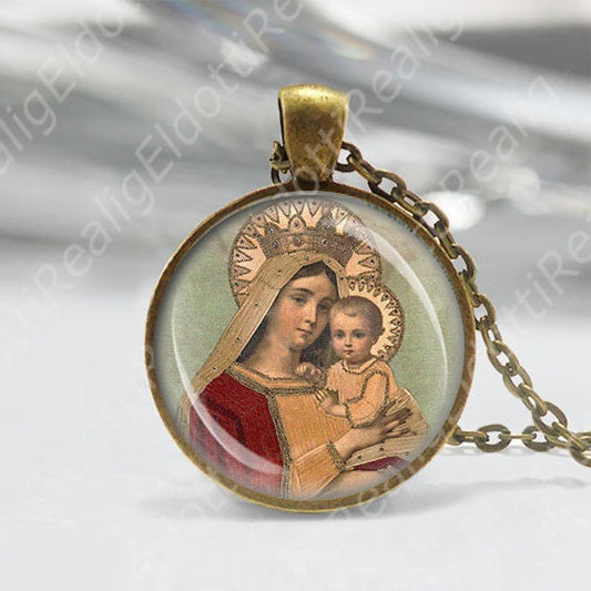 Blessed Mother Mary and Baby Jesus Necklace Catholic Medal Religious Pendant Bronze Queen Mary and Child Jewelry