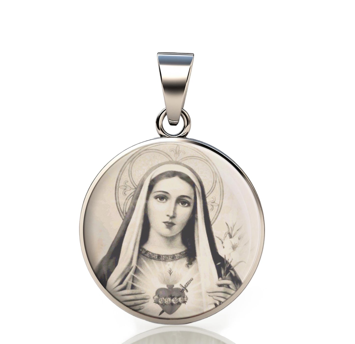 Our Lady Immaculate Heart Of Mary 925 Sterling Silver Round Pendant Christian Religious Medal Small 20mm