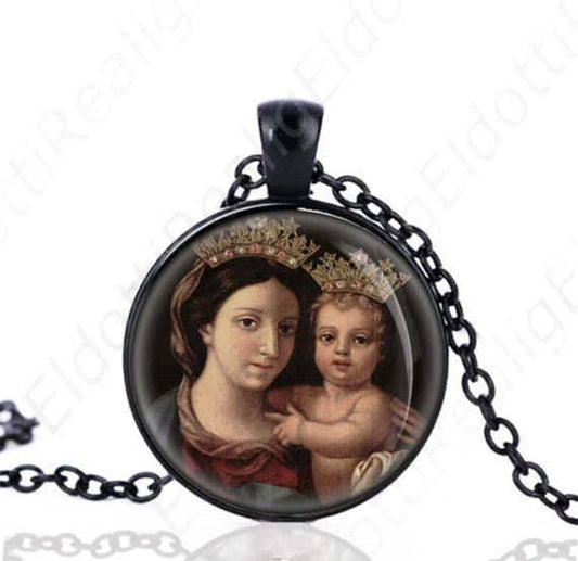 Virgin Mary Our Lady of Confidence Black Necklace Catholic Medal Pendant Chain