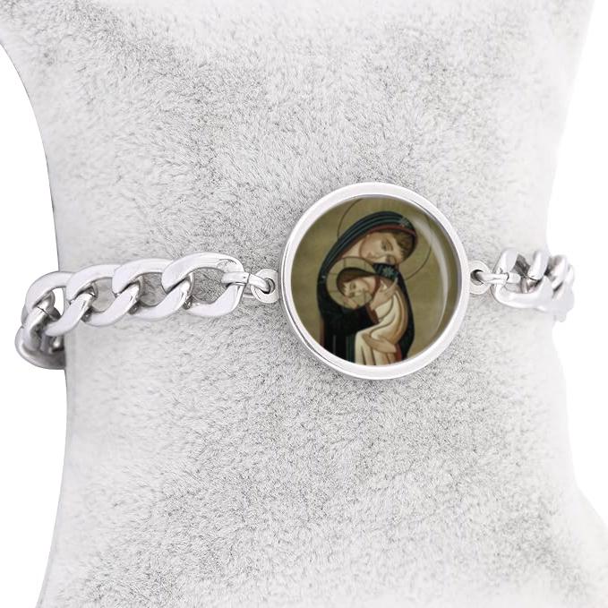 Our Lady Mary And Baby Jesus Curb Bracelet Gold or Silver tone Religious Jewelry Simple Chain